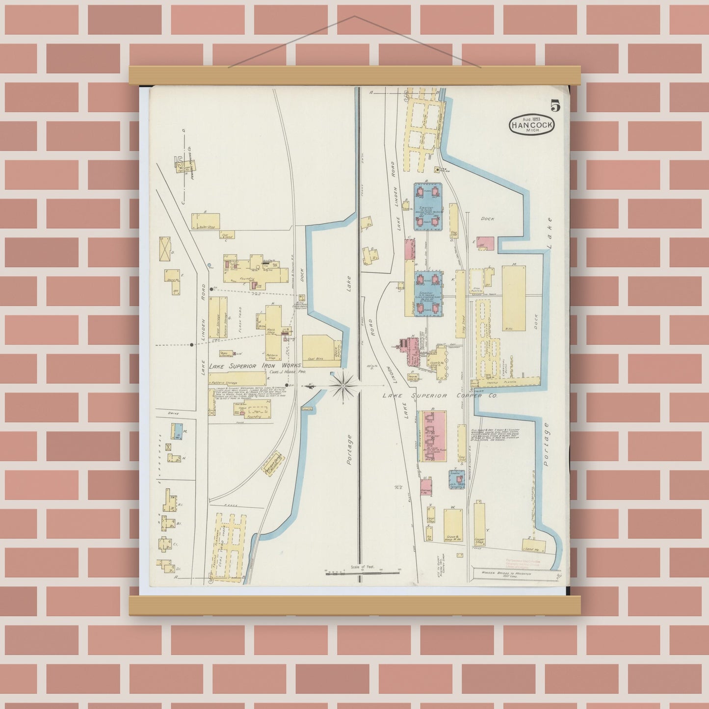 Old map wall art mockup — magnetic wood frame on brick wall — Sanborn Fire Insurance Map from Houghton, Houghton County, Michigan (1893), Sheet #0005