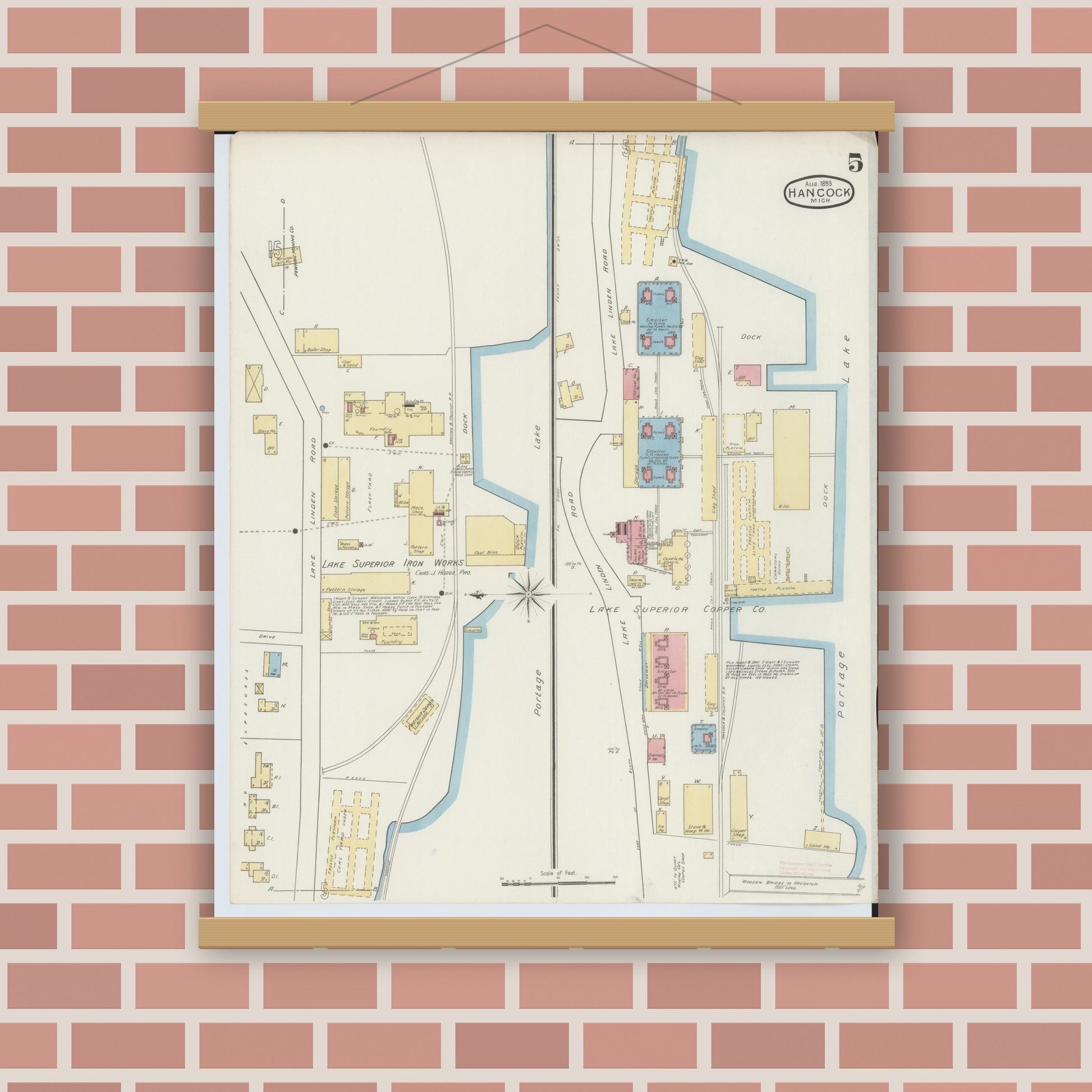 Old map wall art mockup — magnetic wood frame on brick wall — Sanborn Fire Insurance Map from Houghton, Houghton County, Michigan (1893), Sheet #0005