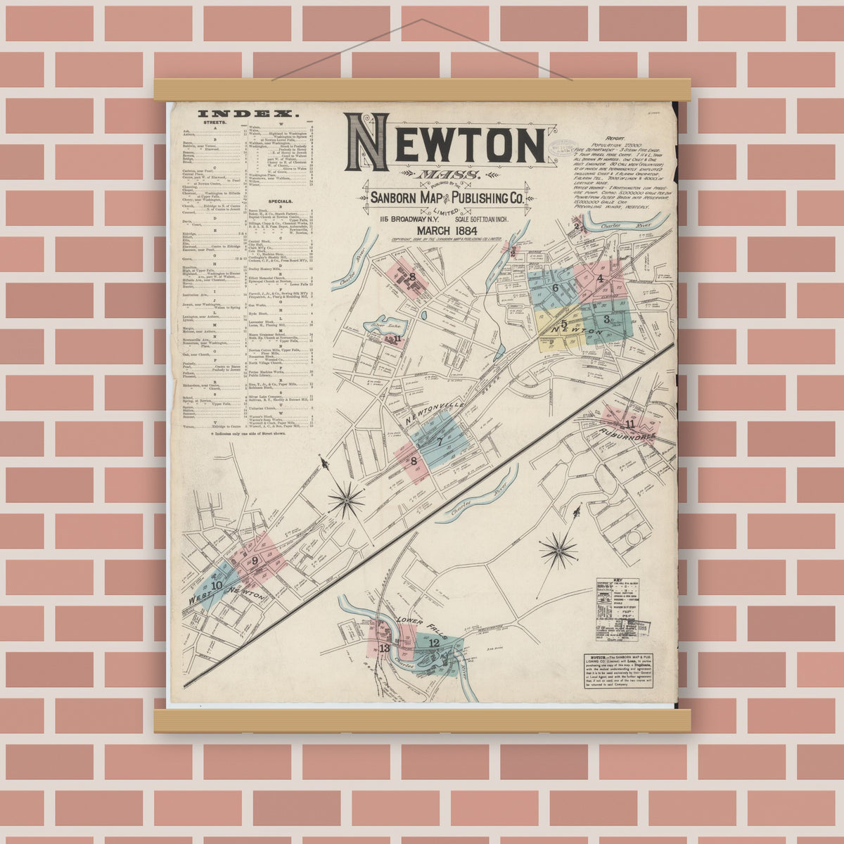 Old map wall art mockup — magnetic wood frame on brick wall — Sanborn Fire Insurance Map from Newton, Middlesex County, Massachusetts (1884) - Complete Map Set