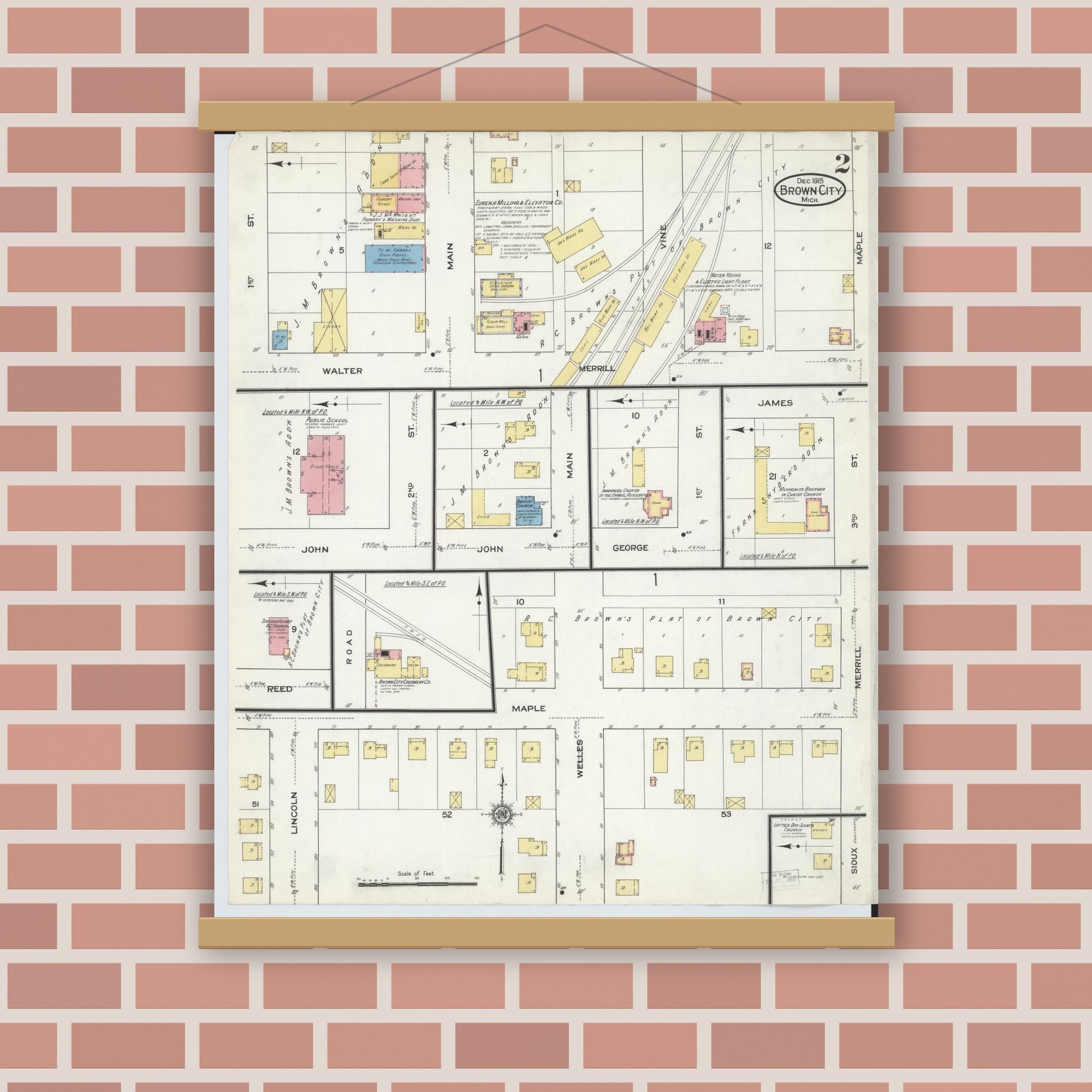 Old map wall art mockup — magnetic wood frame on brick wall — Sanborn Fire Insurance Map from Brown City, Sanilac County, Michigan (1915), Sheet #0002