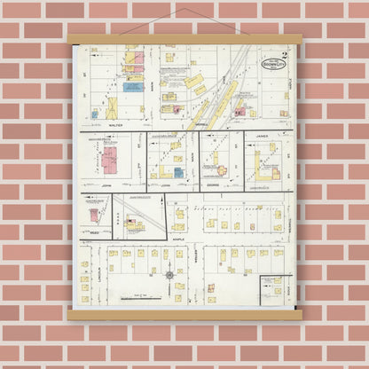 Old map wall art mockup — magnetic wood frame on brick wall — Sanborn Fire Insurance Map from Brown City, Sanilac County, Michigan (1915), Sheet #0002
