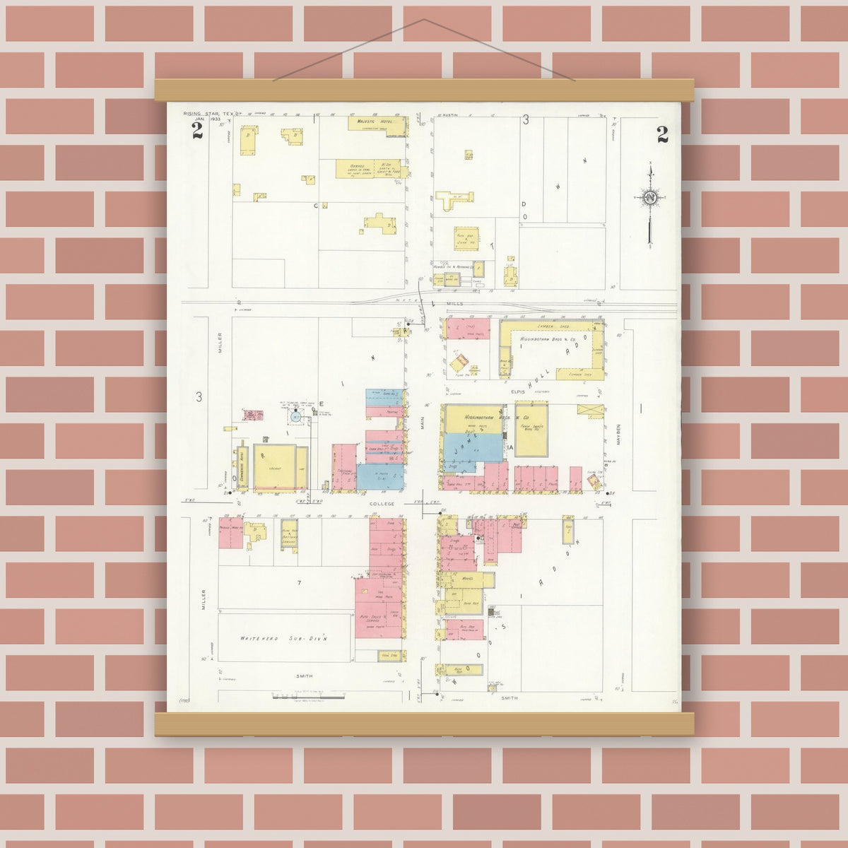 Old map wall art mockup — magnetic wood frame on brick wall — Sanborn Fire Insurance Map from Rising Star, Eastland County, Texas (1933), Sheet #0002