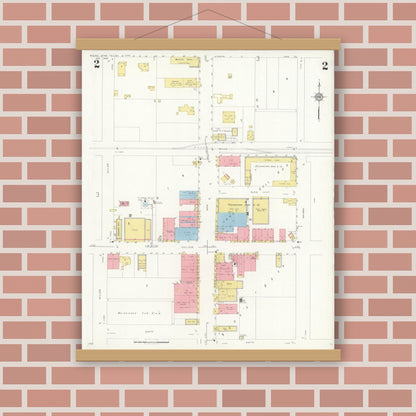 Old map wall art mockup — magnetic wood frame on brick wall — Sanborn Fire Insurance Map from Rising Star, Eastland County, Texas (1933), Sheet #0002