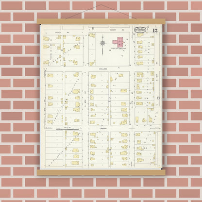 Old map wall art mockup — magnetic wood frame on brick wall — Sanborn Fire Insurance Map from Mount Vernon, Jefferson County, Illinois (1913), Sheet #0012