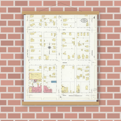 Old map wall art mockup — magnetic wood frame on brick wall — Sanborn Fire Insurance Map from Ithaca, Gratiot County, Michigan (1911), Sheet #0004