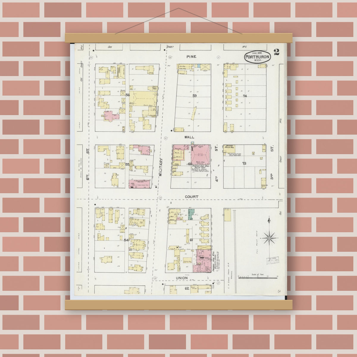 Old map wall art mockup — magnetic wood frame on brick wall — Sanborn Fire Insurance Map from Port Huron, Saint Clair County, Michigan (1892), Sheet #0002