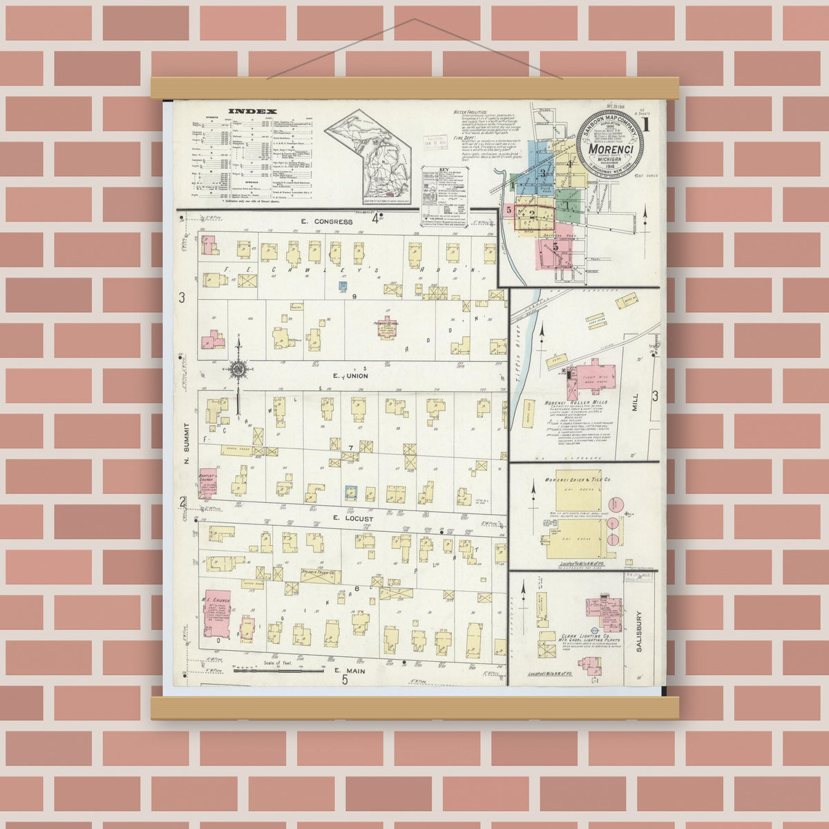 Old map wall art mockup — magnetic wood frame on brick wall — Sanborn Fire Insurance Map from Morenci, Lenawee County, Michigan (1914), Sheet #0001
