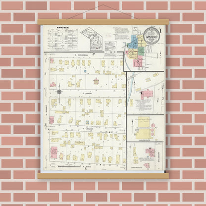 Old map wall art mockup — magnetic wood frame on brick wall — Sanborn Fire Insurance Map from Morenci, Lenawee County, Michigan (1914), Sheet #0001