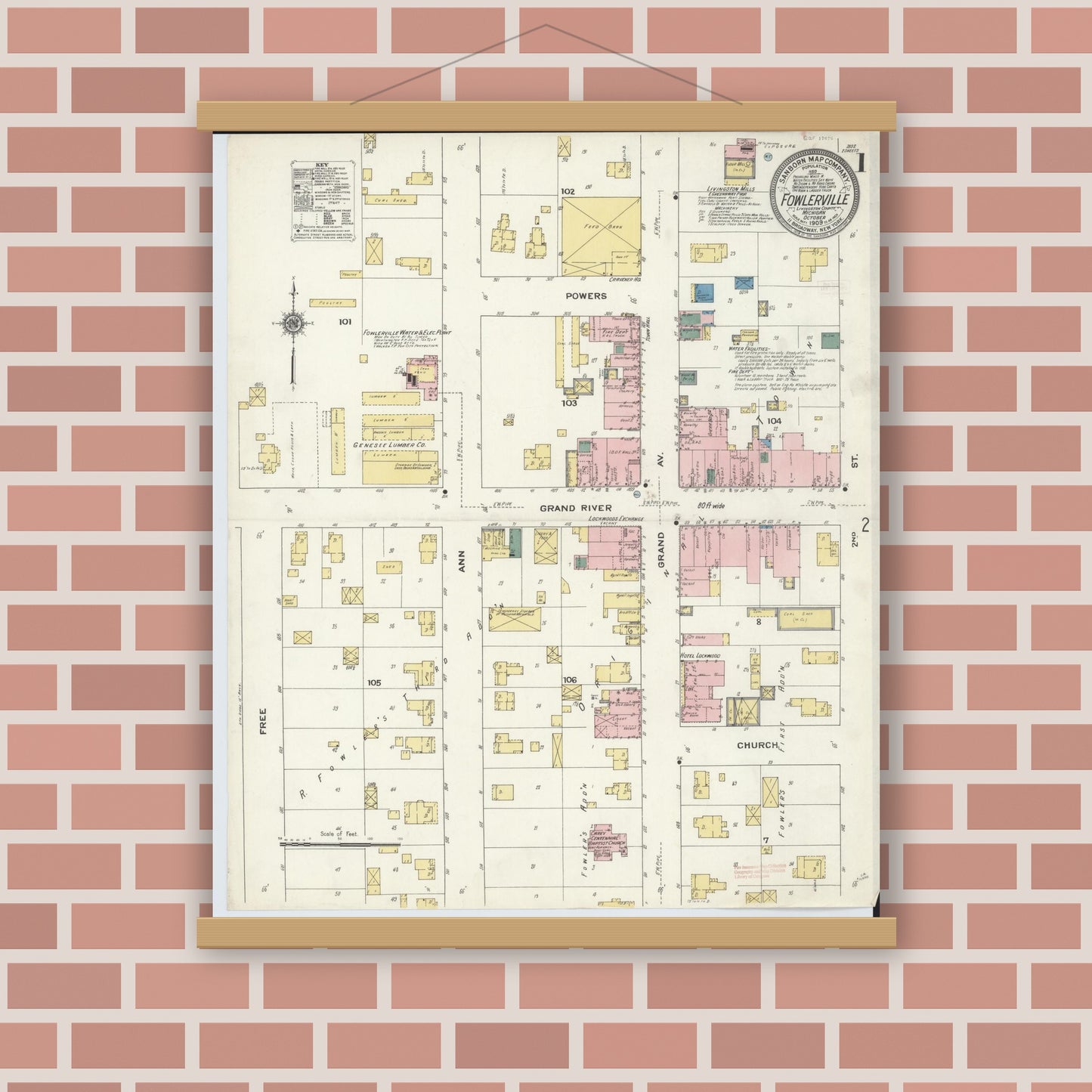 Old map wall art mockup — magnetic wood frame on brick wall — Sanborn Fire Insurance Map from Fowlerville, Livingston County, Michigan (1909) - Complete Map Set