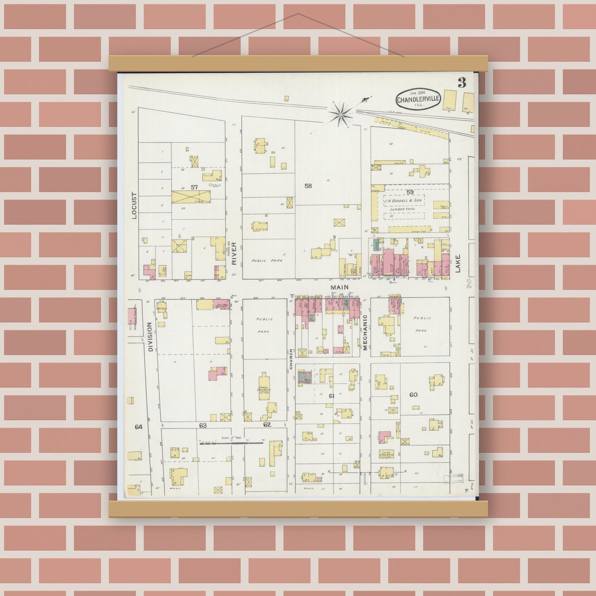 Old map wall art mockup — magnetic wood frame on brick wall — Sanborn Fire Insurance Map from Chandlerville, Cass County, Illinois (1894), Sheet #0003