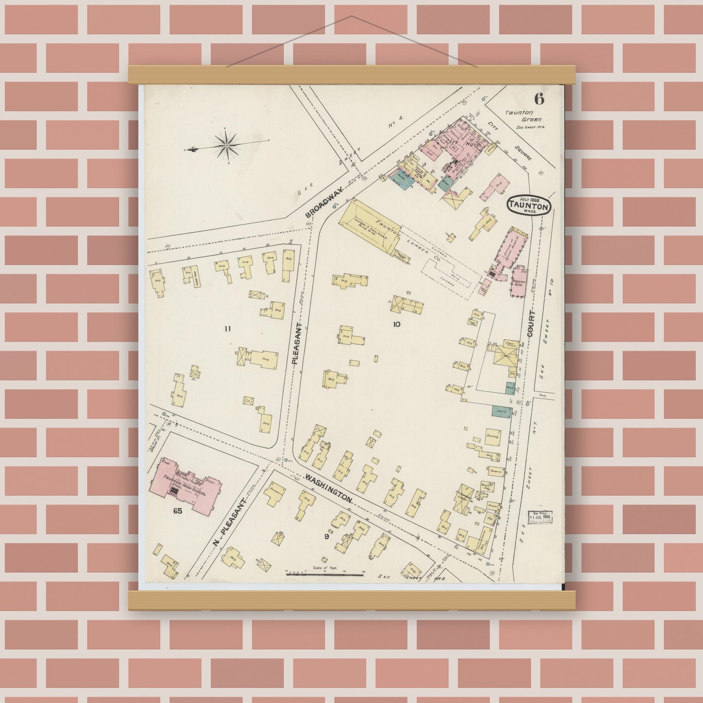 Old map wall art mockup — magnetic wood frame on brick wall — Sanborn Fire Insurance Map from Taunton, Bristol County, Massachusetts (1888), Sheet #0006