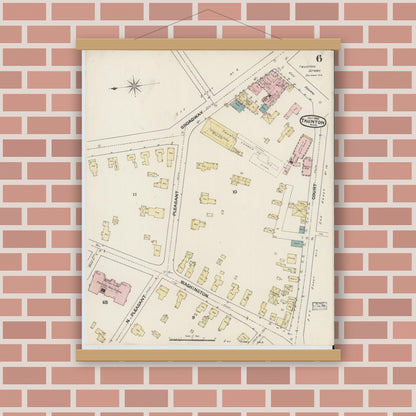 Old map wall art mockup — magnetic wood frame on brick wall — Sanborn Fire Insurance Map from Taunton, Bristol County, Massachusetts (1888), Sheet #0006