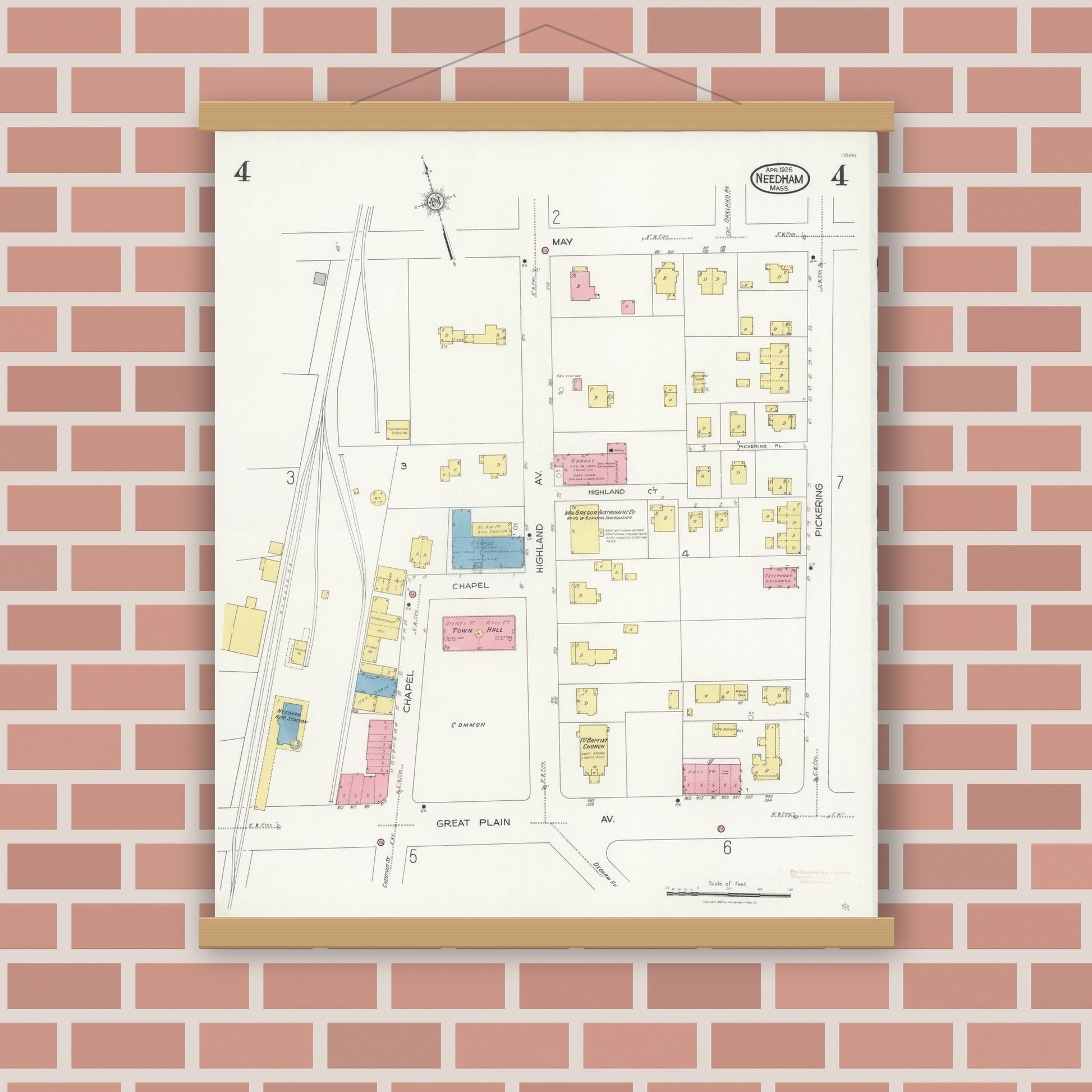 Old map wall art mockup — magnetic wood frame on brick wall — Sanborn Fire Insurance Map from Needham, Norfolk County, Massachusetts (1926), Sheet #0004