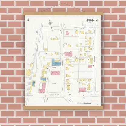 Old map wall art mockup — magnetic wood frame on brick wall — Sanborn Fire Insurance Map from Needham, Norfolk County, Massachusetts (1926), Sheet #0004