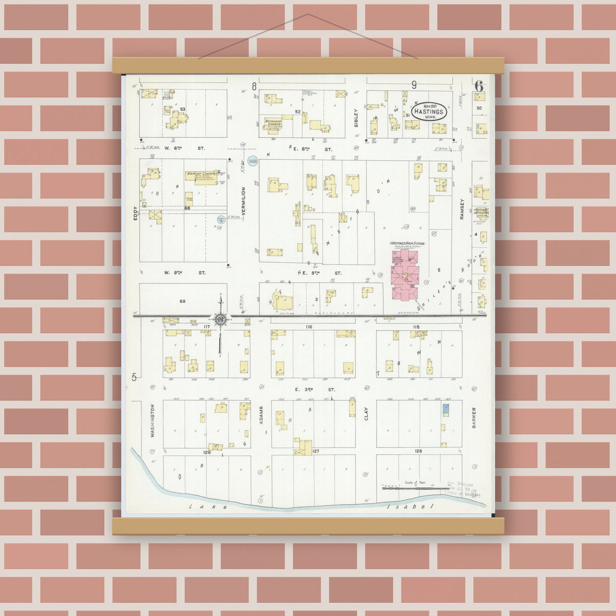 Old map wall art mockup — magnetic wood frame on brick wall — Sanborn Fire Insurance Map from Hastings, Dakota County, Minnesota (1910), Sheet #0006