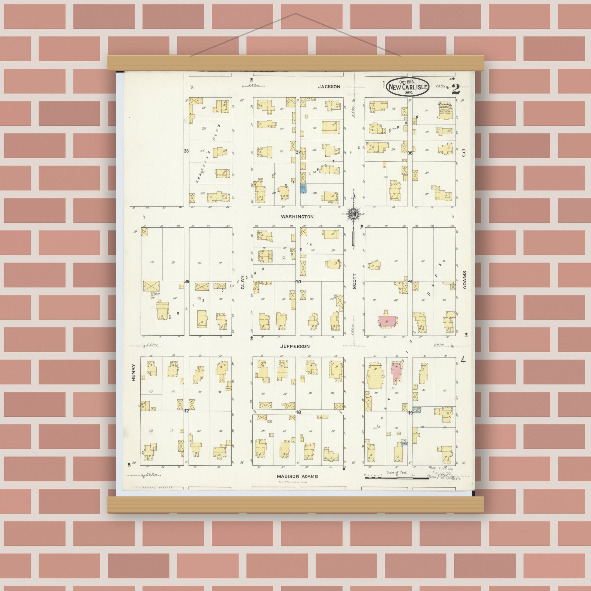 Old map wall art mockup — magnetic wood frame on brick wall — Sanborn Fire Insurance Map from New Carlisle, Clarke County, Ohio (1916), Sheet #0002