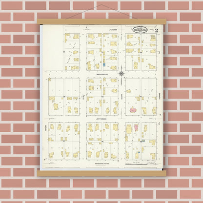 Old map wall art mockup — magnetic wood frame on brick wall — Sanborn Fire Insurance Map from New Carlisle, Clarke County, Ohio (1916), Sheet #0002