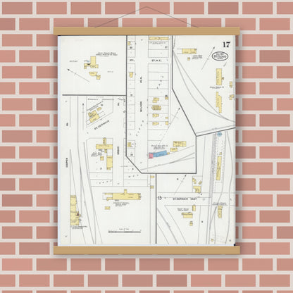 Old map wall art mockup — magnetic wood frame on brick wall — Sanborn Fire Insurance Map from Saint Cloud, Stearns, Benton, and Sherburne Counties, Minnesota (1904), Sheet #0017