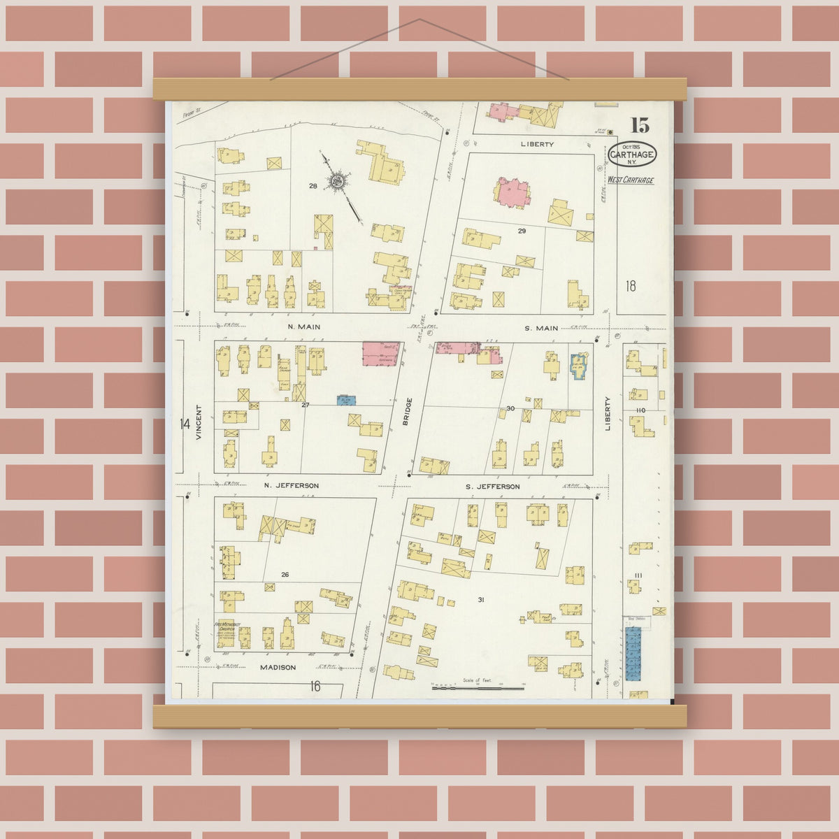 Old map wall art mockup — magnetic wood frame on brick wall — Sanborn Fire Insurance Map from Carthage, Jefferson County, New York (1915), Sheet #0015