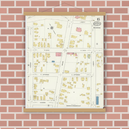 Old map wall art mockup — magnetic wood frame on brick wall — Sanborn Fire Insurance Map from Carthage, Jefferson County, New York (1915), Sheet #0015