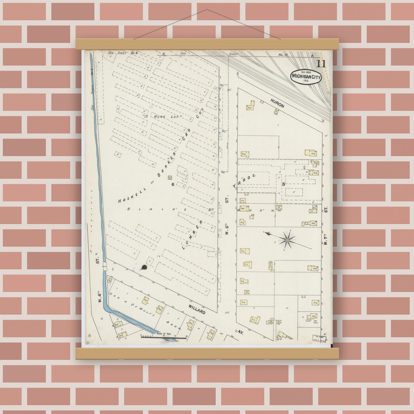 Old map wall art mockup — magnetic wood frame on brick wall — Sanborn Fire Insurance Map from Michigan City, La Porte County, Indiana (1889), Sheet #0011