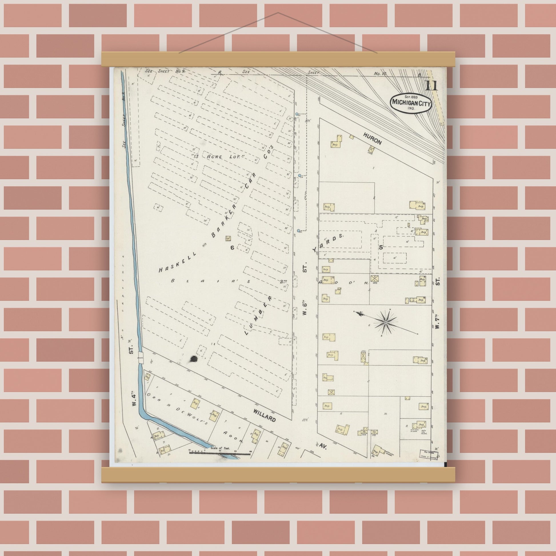Old map wall art mockup — magnetic wood frame on brick wall — Sanborn Fire Insurance Map from Michigan City, La Porte County, Indiana (1889), Sheet #0011