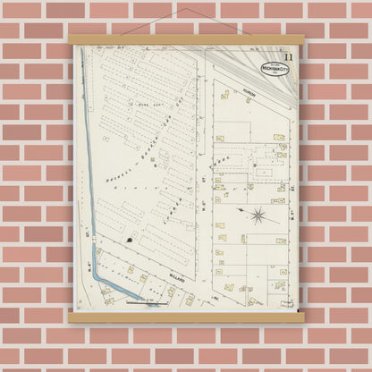 Old map wall art mockup — magnetic wood frame on brick wall — Sanborn Fire Insurance Map from Michigan City, La Porte County, Indiana (1889), Sheet #0011