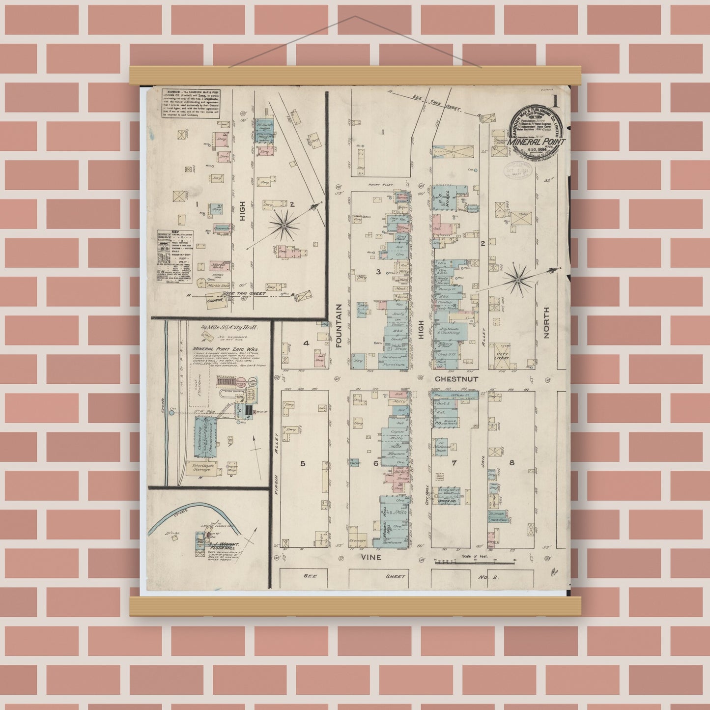 Old map wall art mockup — magnetic wood frame on brick wall — Sanborn Fire Insurance Map from Mineral Point, Iowa County, Wisconsin (1884) - Complete Map Set