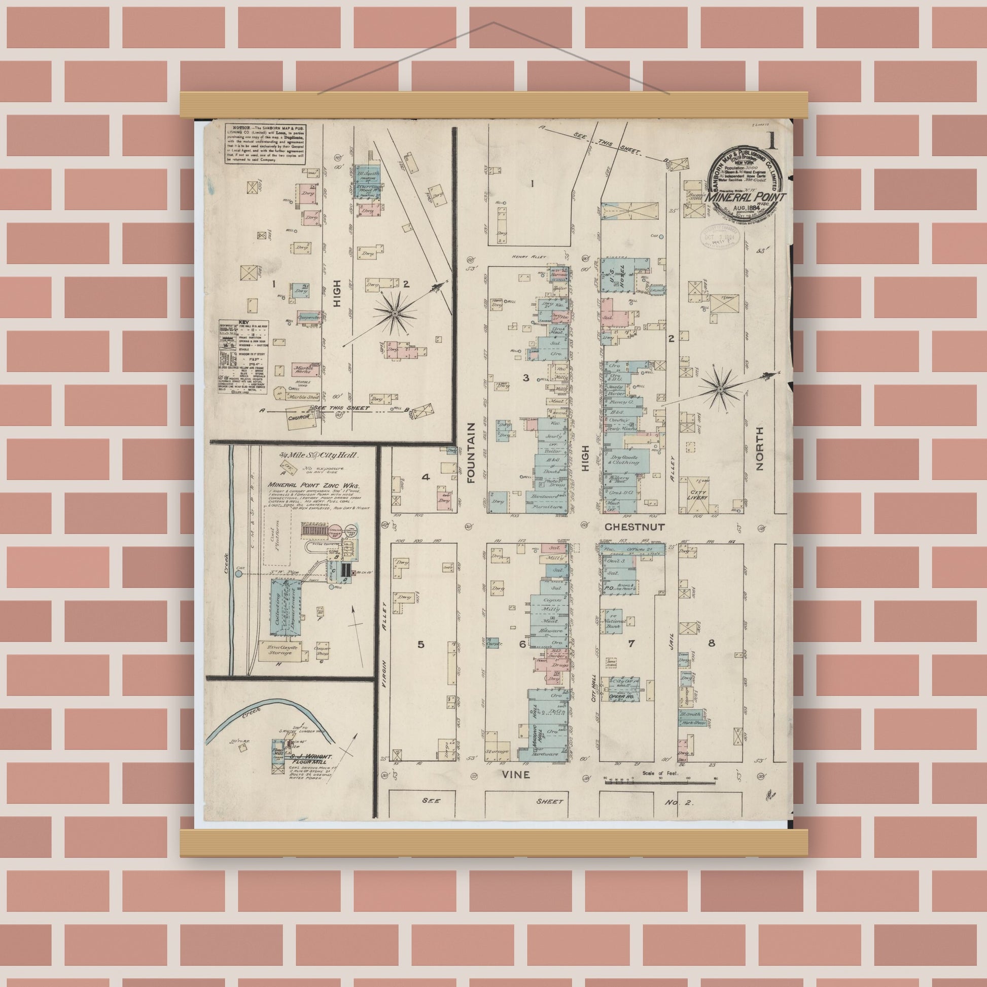 Old map wall art mockup — magnetic wood frame on brick wall — Sanborn Fire Insurance Map from Mineral Point, Iowa County, Wisconsin (1884) - Complete Map Set