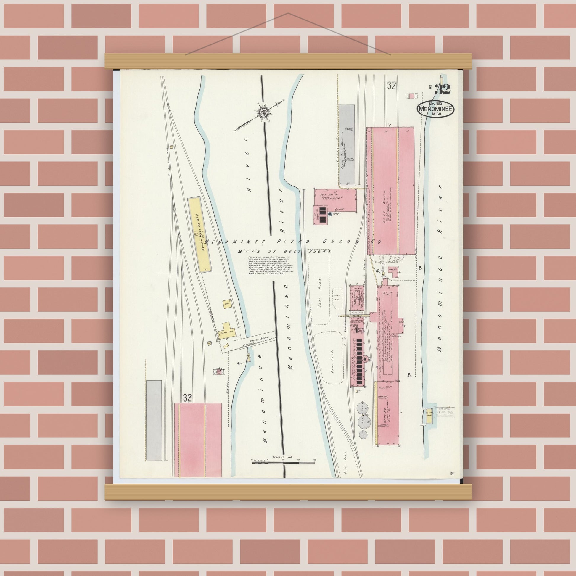 Old map wall art mockup — magnetic wood frame on brick wall — Sanborn Fire Insurance Map from Menominee, Menominee County, Michigan (1913), Sheet #0032