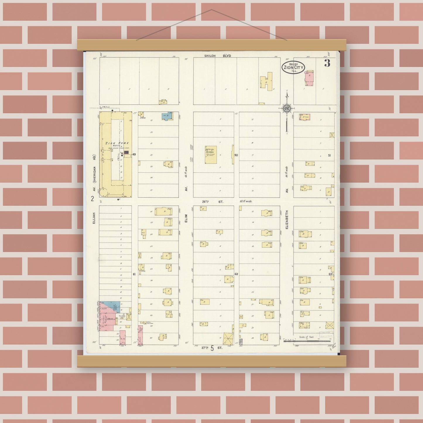 Old map wall art mockup — magnetic wood frame on brick wall — Sanborn Fire Insurance Map from Zion, Lake County, Illinois (1911), Sheet #0003