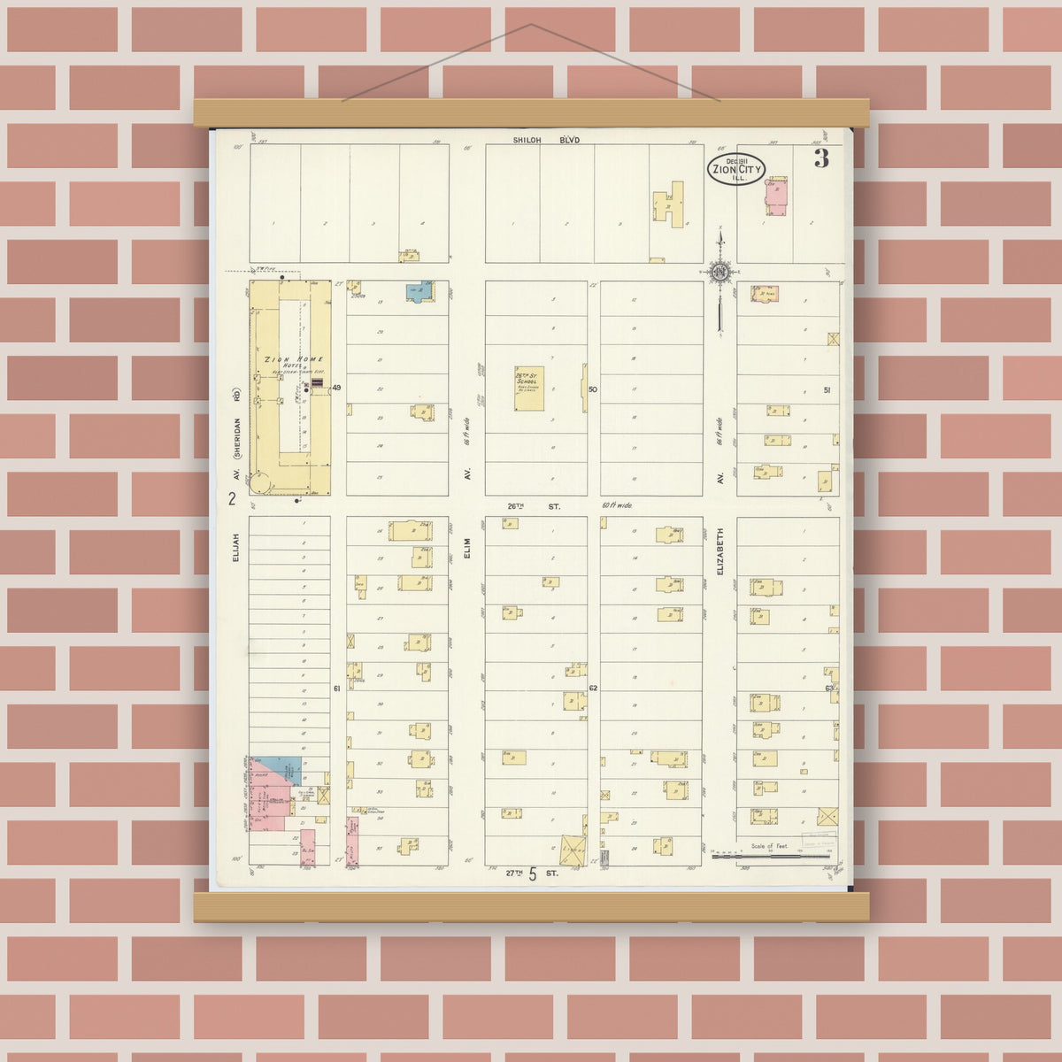 Old map wall art mockup — magnetic wood frame on brick wall — Sanborn Fire Insurance Map from Zion, Lake County, Illinois (1911), Sheet #0003