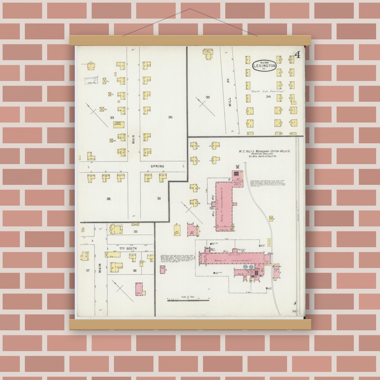 Old map wall art mockup — magnetic wood frame on brick wall — Sanborn Fire Insurance Map from Lexington, Davidson County, North Carolina (1896), Sheet #0004