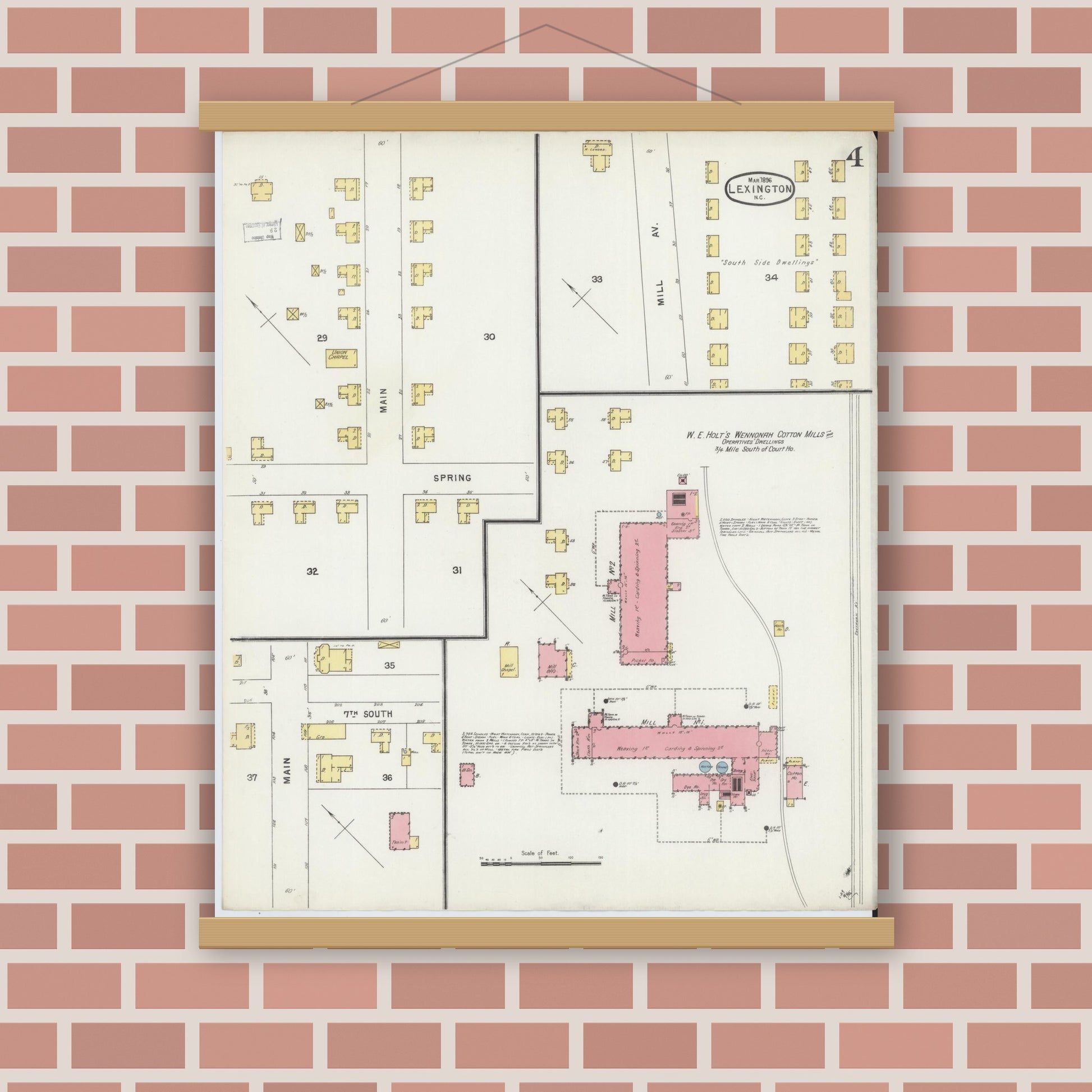 Old map wall art mockup — magnetic wood frame on brick wall — Sanborn Fire Insurance Map from Lexington, Davidson County, North Carolina (1896), Sheet #0004