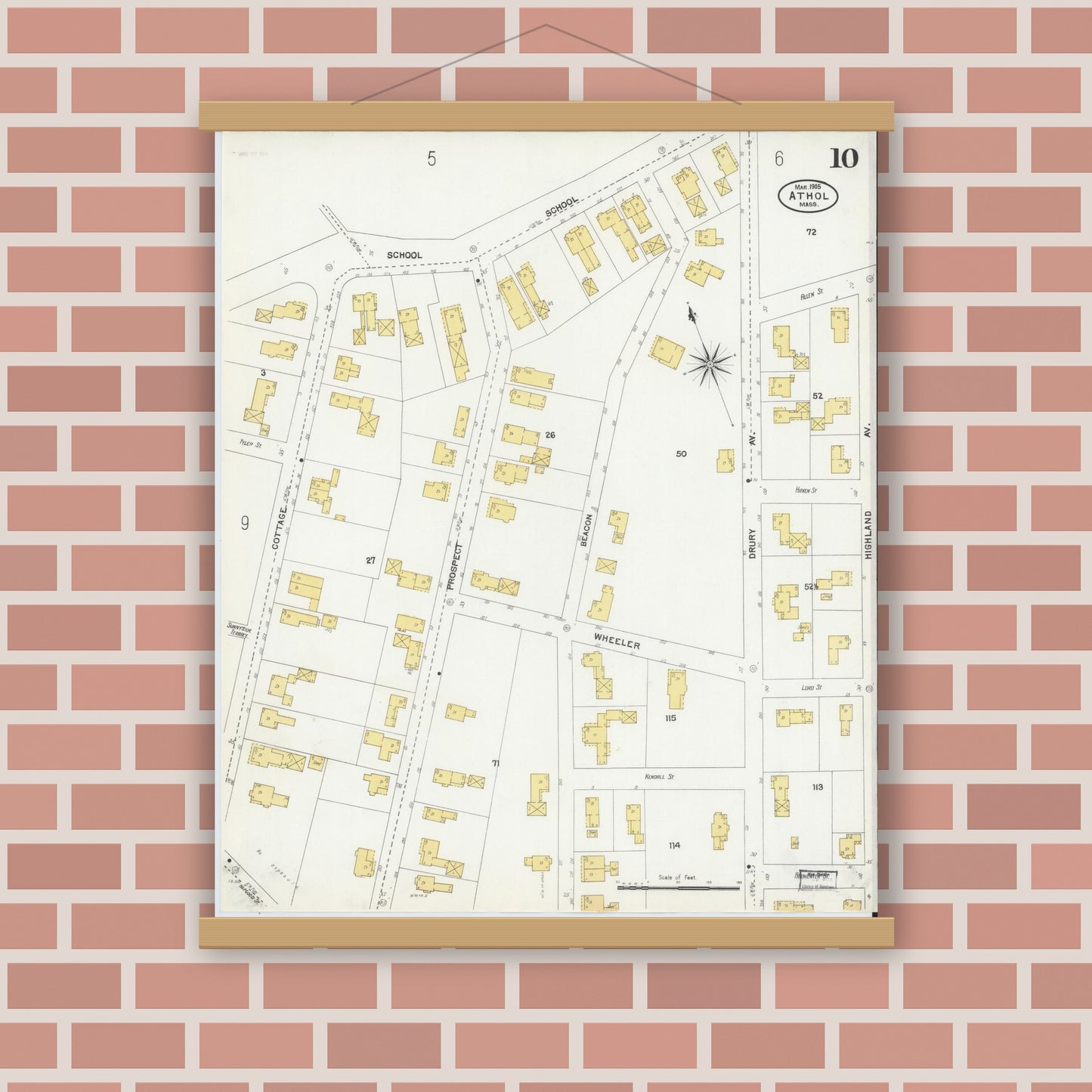 Old map wall art mockup — magnetic wood frame on brick wall — Sanborn Fire Insurance Map from Athol, Worcester County, Massachusetts (1905), Sheet #0010