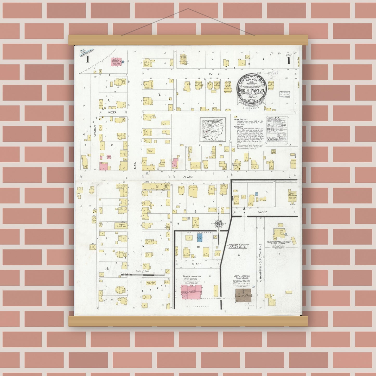 Old map wall art mockup — magnetic wood frame on brick wall — Sanborn Fire Insurance Map from North Hampton, Clark County, Ohio (1928) - Complete Map Set
