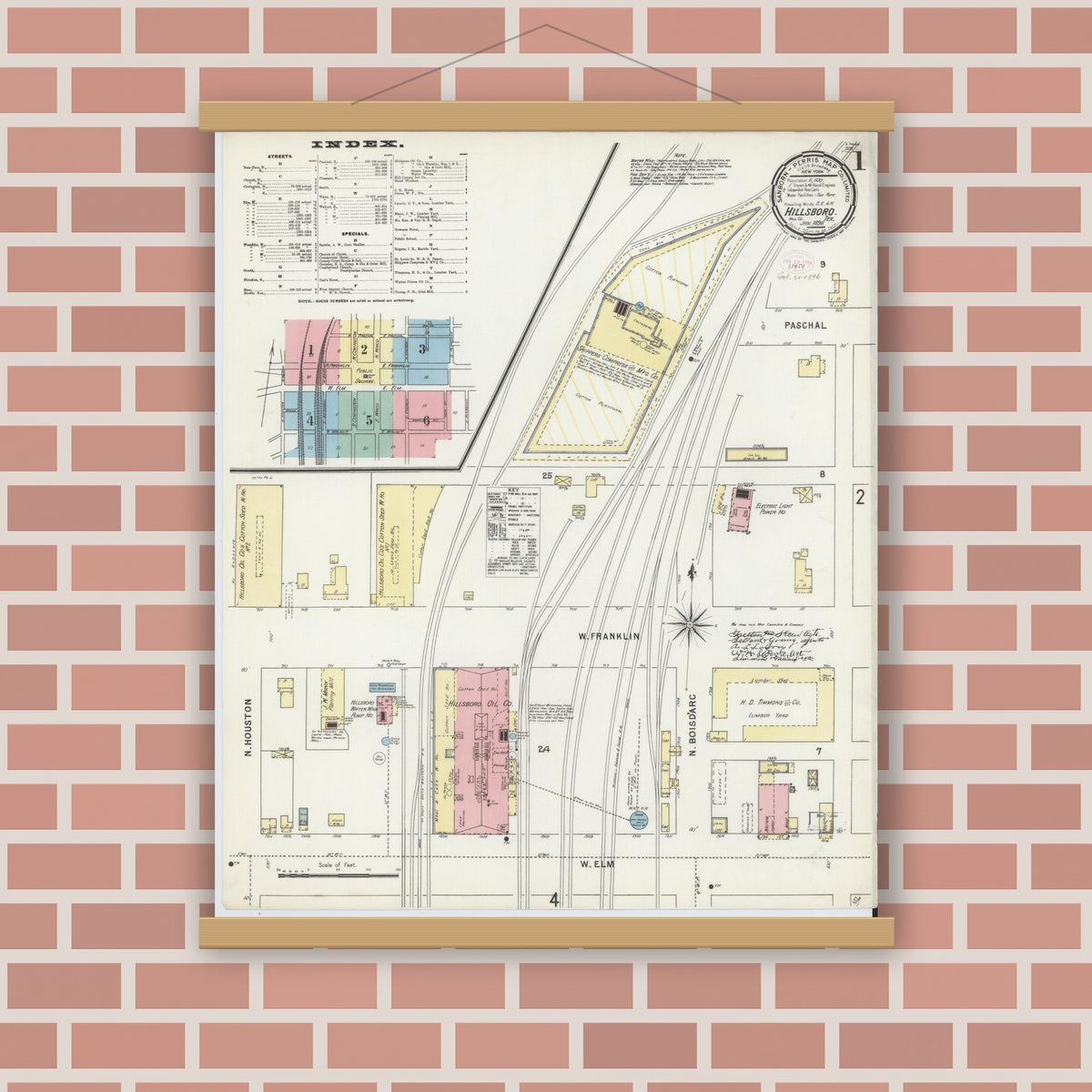 Old map wall art mockup — magnetic wood frame on brick wall — Sanborn Fire Insurance Map from Hillsboro, Hill County, Texas (1896) - Complete Map Set