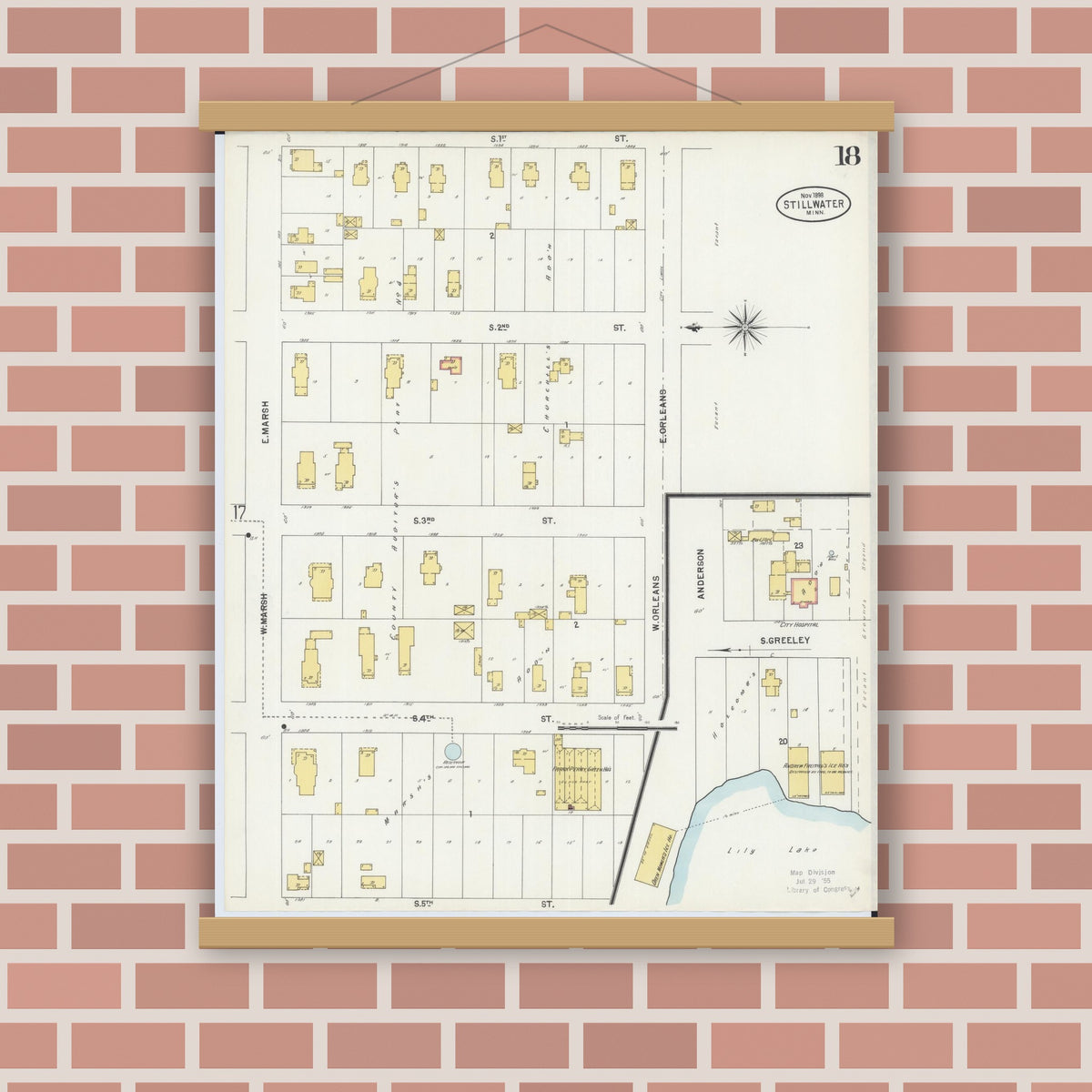 Old map wall art mockup — magnetic wood frame on brick wall — Sanborn Fire Insurance Map from Stillwater, Washington County, Minnesota (1898), Sheet #0018