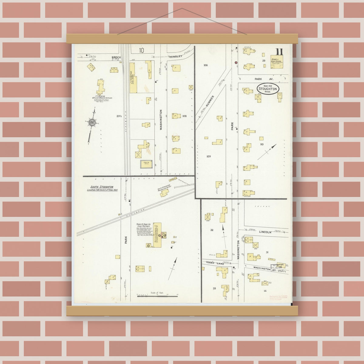 Old map wall art mockup — magnetic wood frame on brick wall — Sanborn Fire Insurance Map from Stoughton, Norfolk County, Massachusetts (1912), Sheet #0011