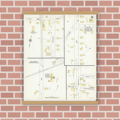 Old map wall art mockup — magnetic wood frame on brick wall — Sanborn Fire Insurance Map from Stoughton, Norfolk County, Massachusetts (1912), Sheet #0011