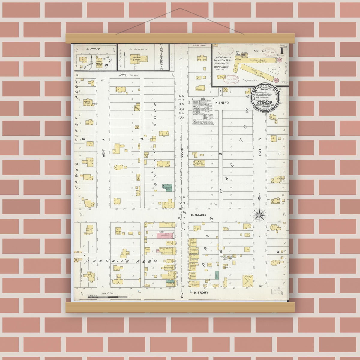 Old map wall art mockup — magnetic wood frame on brick wall — Sanborn Fire Insurance Map from Atwood, Douglas And Piatt Counties, Illinois (1899) - Complete Map Set