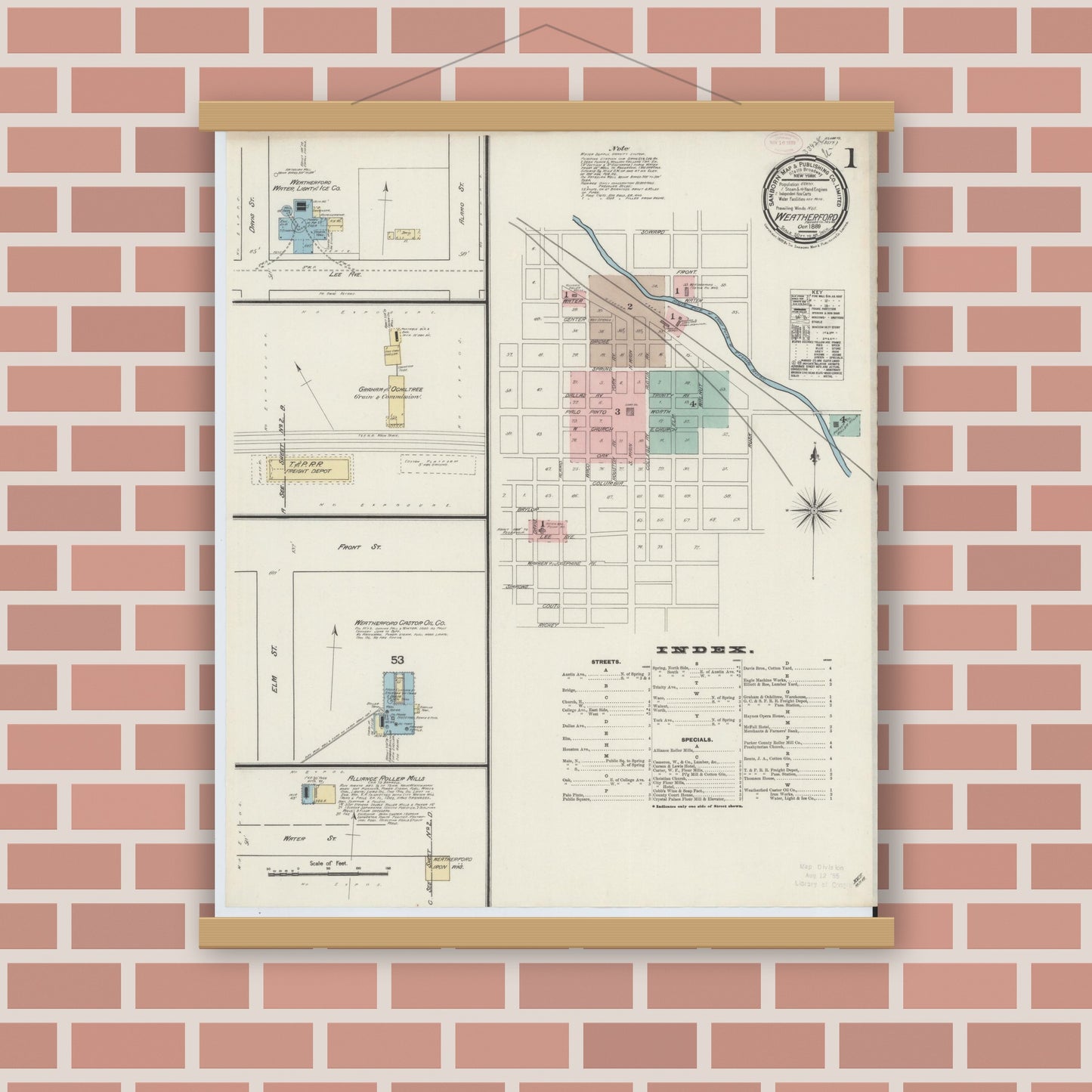 Old map wall art mockup — magnetic wood frame on brick wall — Sanborn Fire Insurance Map from Weatherford, Parker County, Texas (1889), Sheet #0001