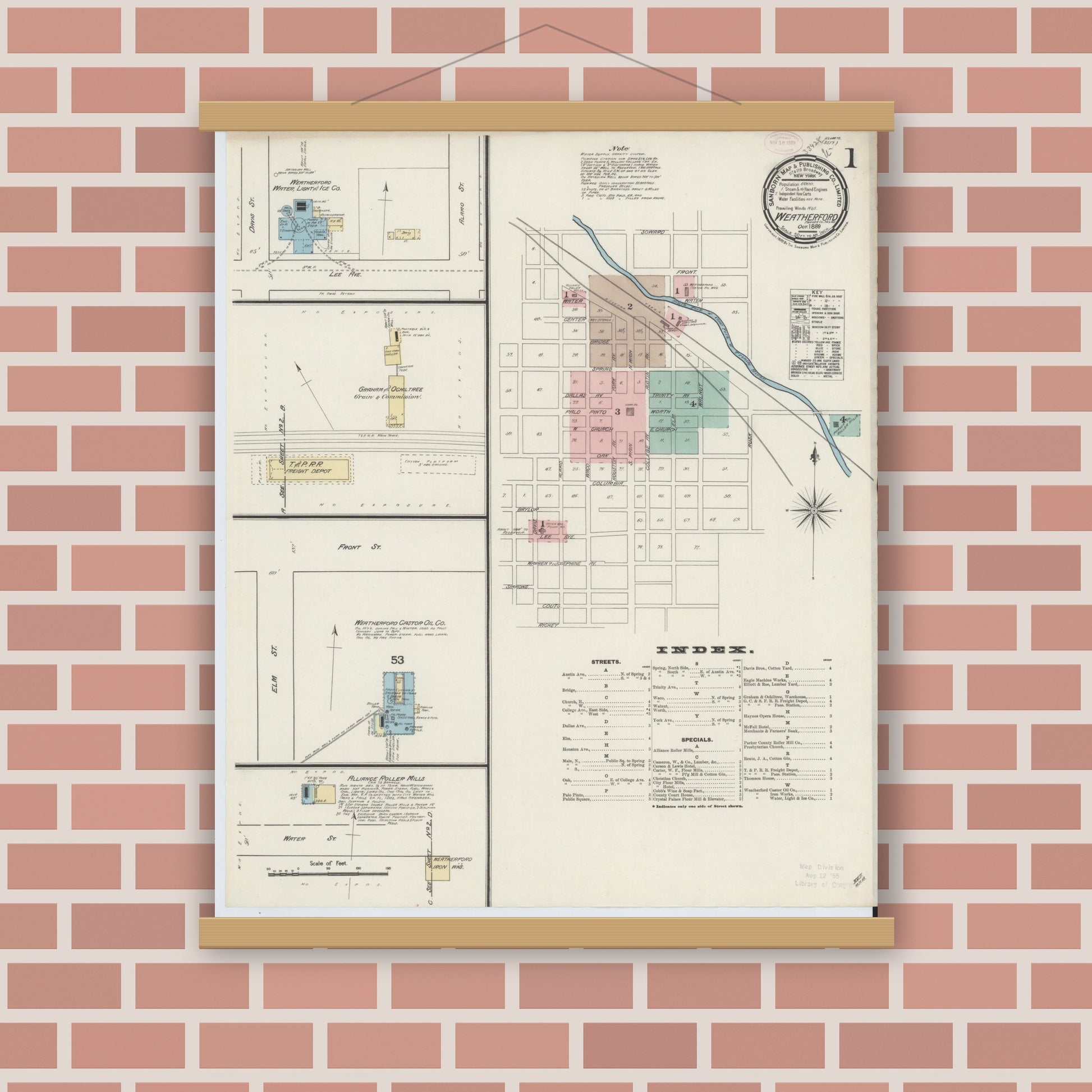 Old map wall art mockup — magnetic wood frame on brick wall — Sanborn Fire Insurance Map from Weatherford, Parker County, Texas (1889), Sheet #0001