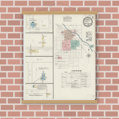 Old map wall art mockup — magnetic wood frame on brick wall — Sanborn Fire Insurance Map from Weatherford, Parker County, Texas (1889), Sheet #0001