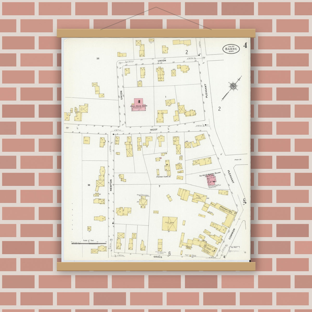 Old map wall art mockup — magnetic wood frame on brick wall — Sanborn Fire Insurance Map from Barre, Worcester County, Massachusetts (1911), Sheet #0004
