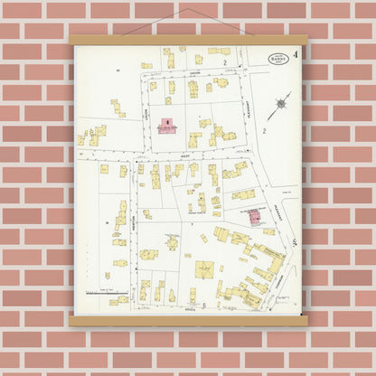 Old map wall art mockup — magnetic wood frame on brick wall — Sanborn Fire Insurance Map from Barre, Worcester County, Massachusetts (1911), Sheet #0004