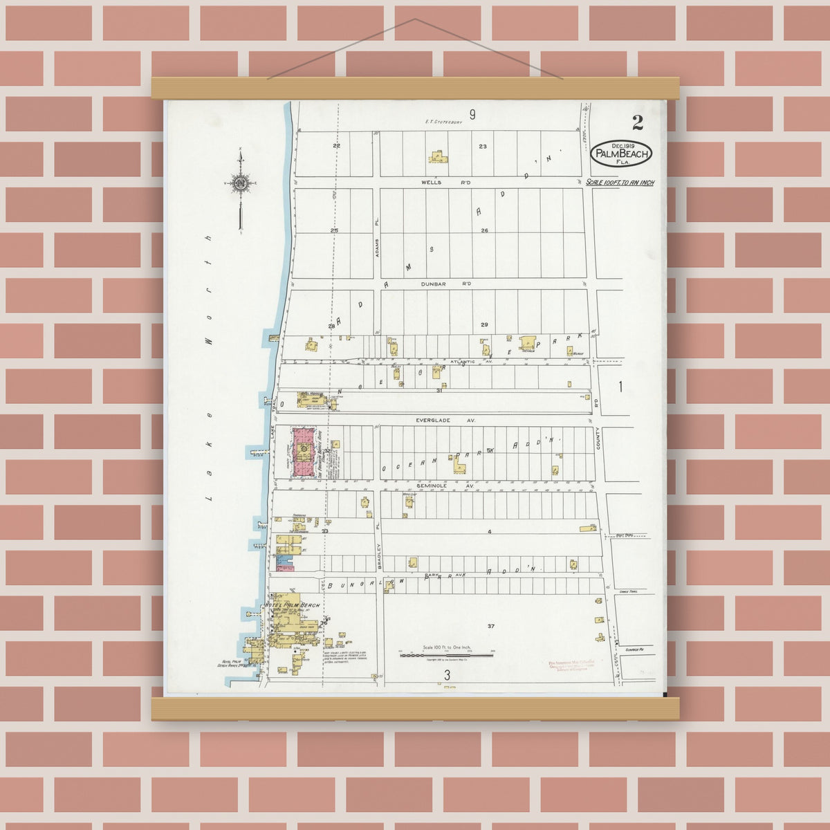 Old map wall art mockup — magnetic wood frame on brick wall — Sanborn Fire Insurance Map from Palm Beach, Palm Beach County, Florida (1919), Sheet #0002