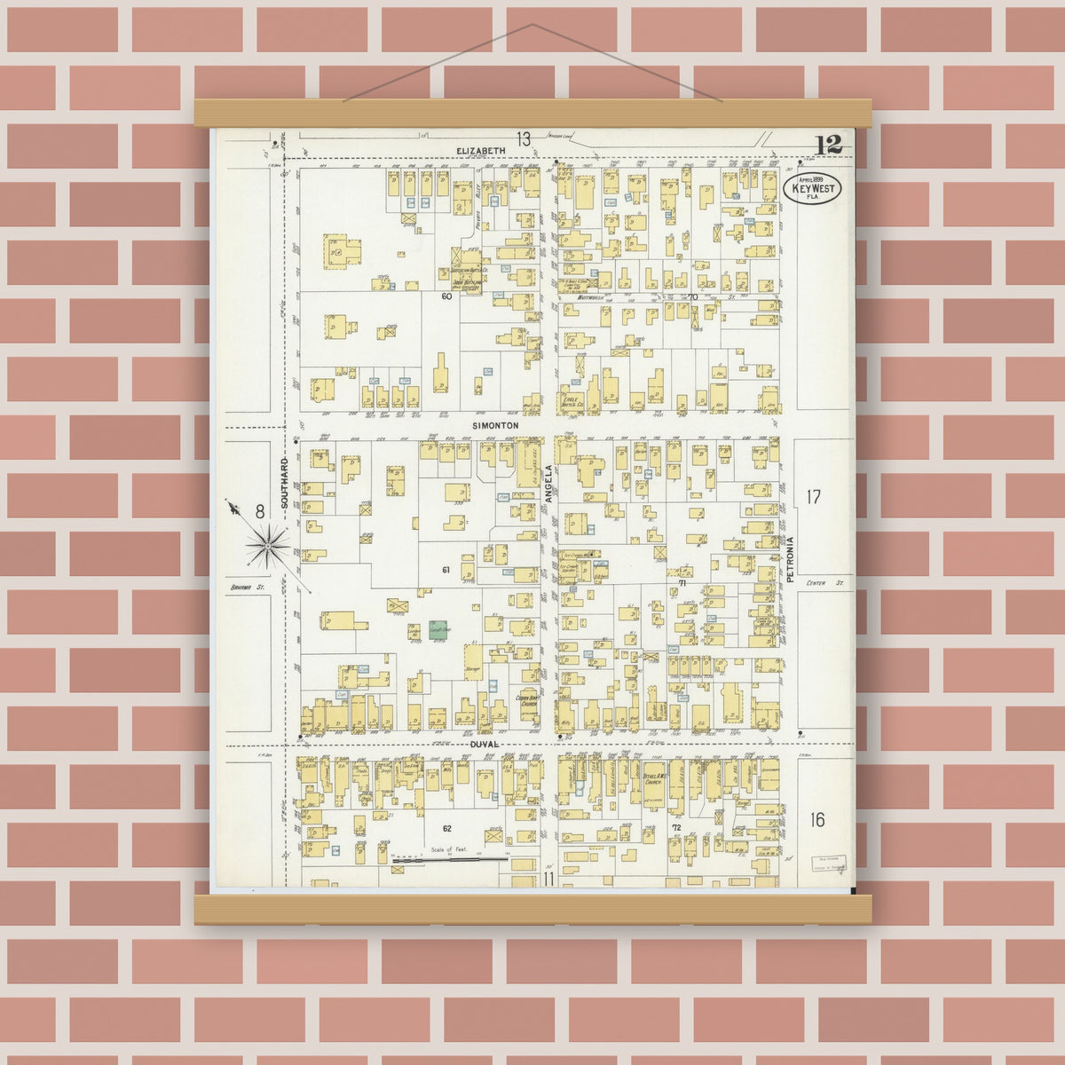 Old map wall art mockup — magnetic wood frame on brick wall — Sanborn Fire Insurance Map from Key West, Monroe County, Florida (1899), Sheet #0012