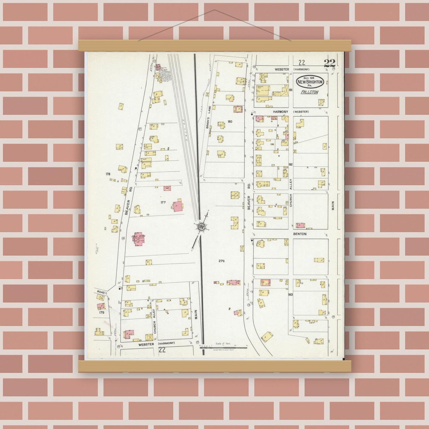 Old map wall art mockup — magnetic wood frame on brick wall — Sanborn Fire Insurance Map from New Brighton, Beaver County, Pennsylvania (1918), Sheet #0022
