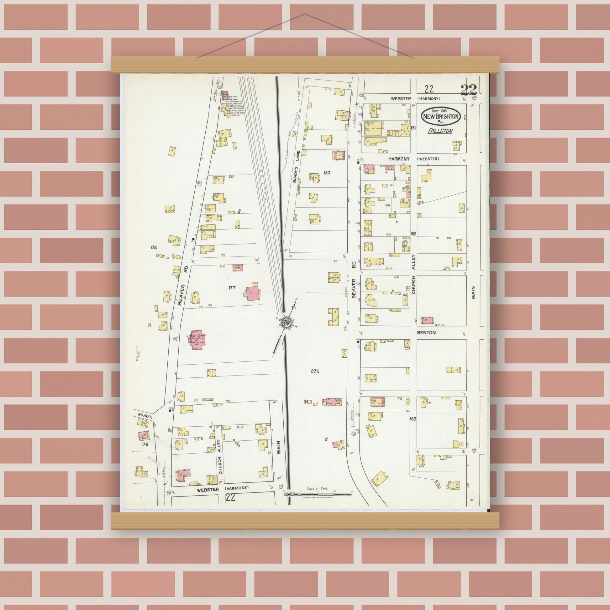 Old map wall art mockup — magnetic wood frame on brick wall — Sanborn Fire Insurance Map from New Brighton, Beaver County, Pennsylvania (1918), Sheet #0022